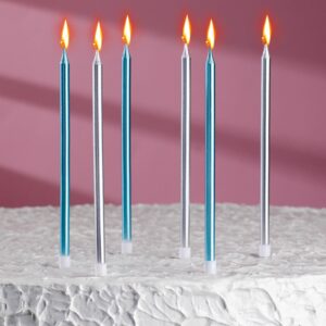 Свечи в торт «Ройс», 6 шт, 13 см, серебряные и голубые