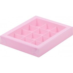 Коробка для конфет 12 шт с пластиковой крышкой 190*150*30 (розовая)