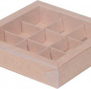 Коробка для конфет 9 шт с пластиковой крышкой 155*155*30 (крафт)